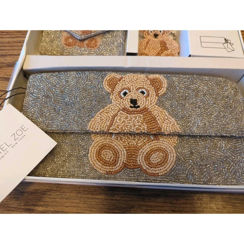 NEW Rachel Zoe Teddy Bear Beaded Clutch Wallet and Key Chain 3-Piece Set Ret $98